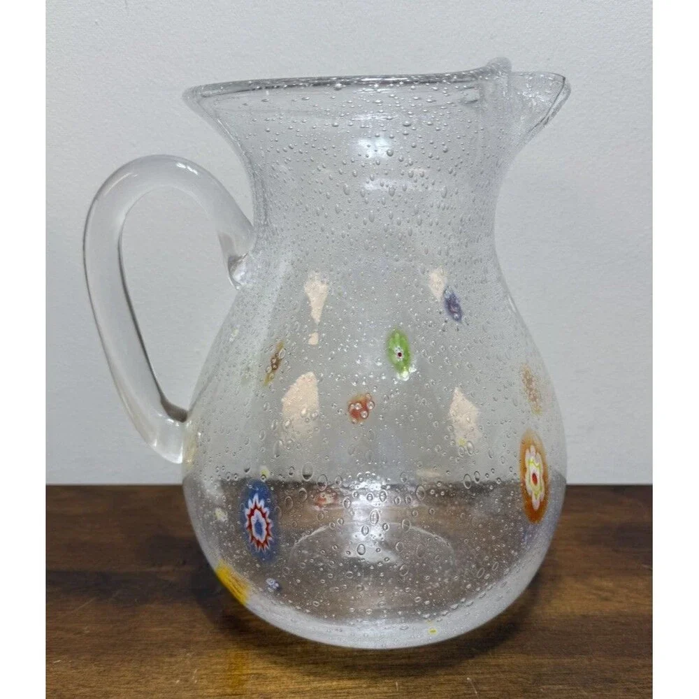 Crate & Barrel Zazz Millefiori 8.5” Hand-Blown Bubble Art Glass Pitcher Whimsy